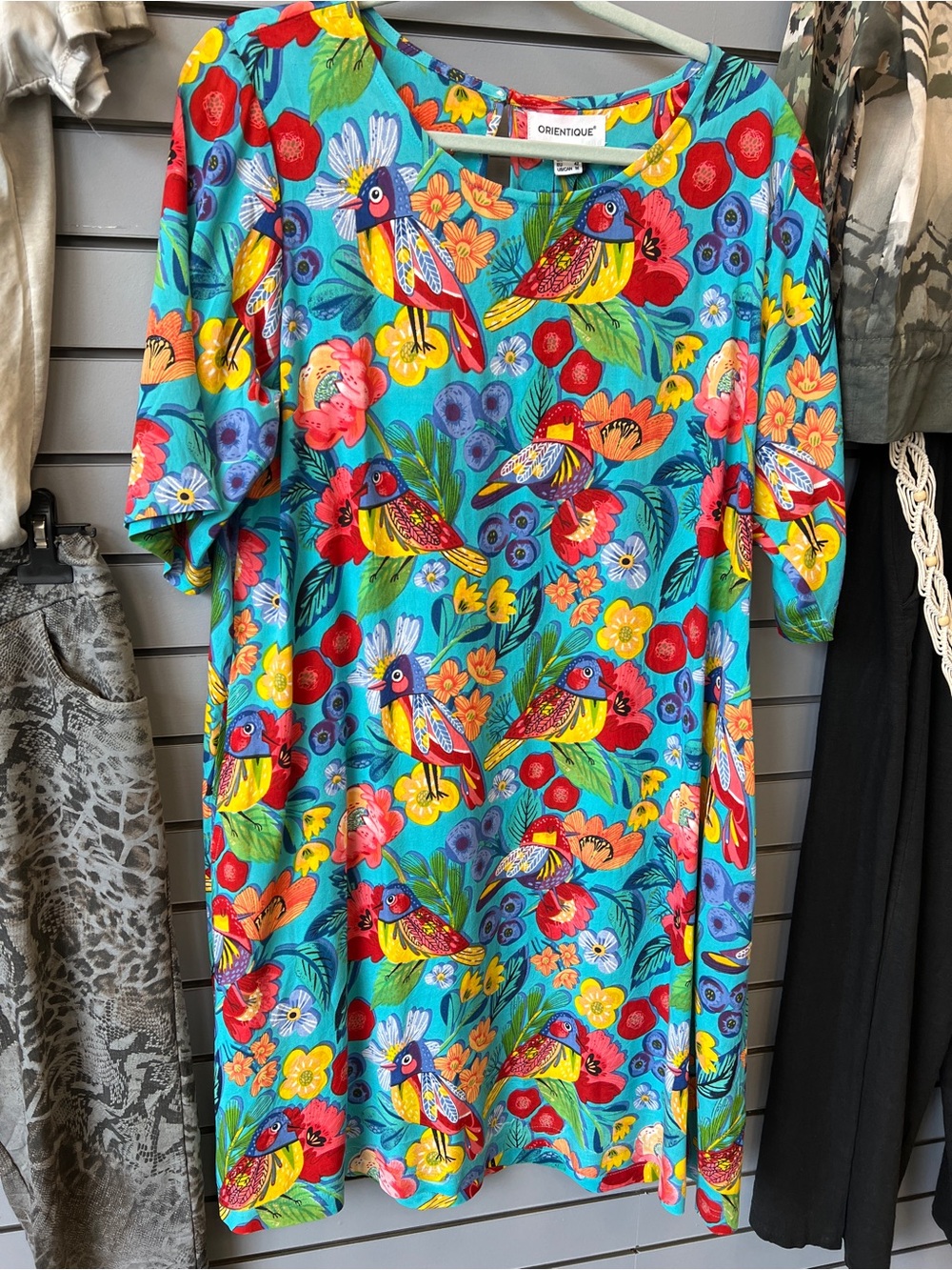 Orientique Turquoise Floral & Bird Print Tunic Dress